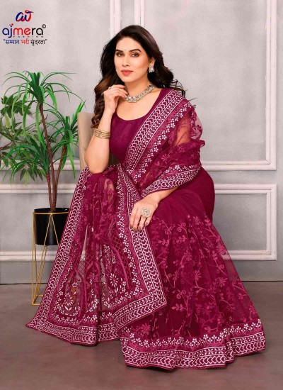 Attractive Soft Net Sarees with Designer Thread Embroidery and Mono Banglori Blouse in Surat