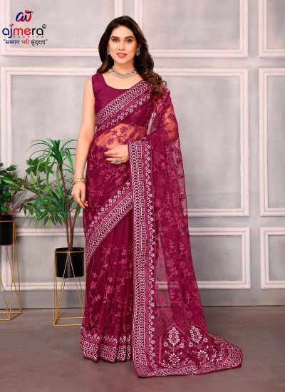 Attractive Soft Net Sarees with Designer Thread Embroidery and Mono Banglori Blouse in Surat