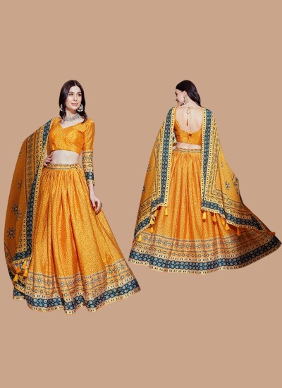 Elegant Mustard Banarasi Lehenga with Digital Print and Crochet Work in Philippines