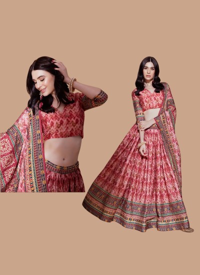 Peach Banarasi Lehenga with Digital Print and Crochet Work in Philippines