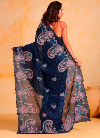 Stunning Blue Georgette Party Wear Saree with Designer Thread Embroidery in Nepal
